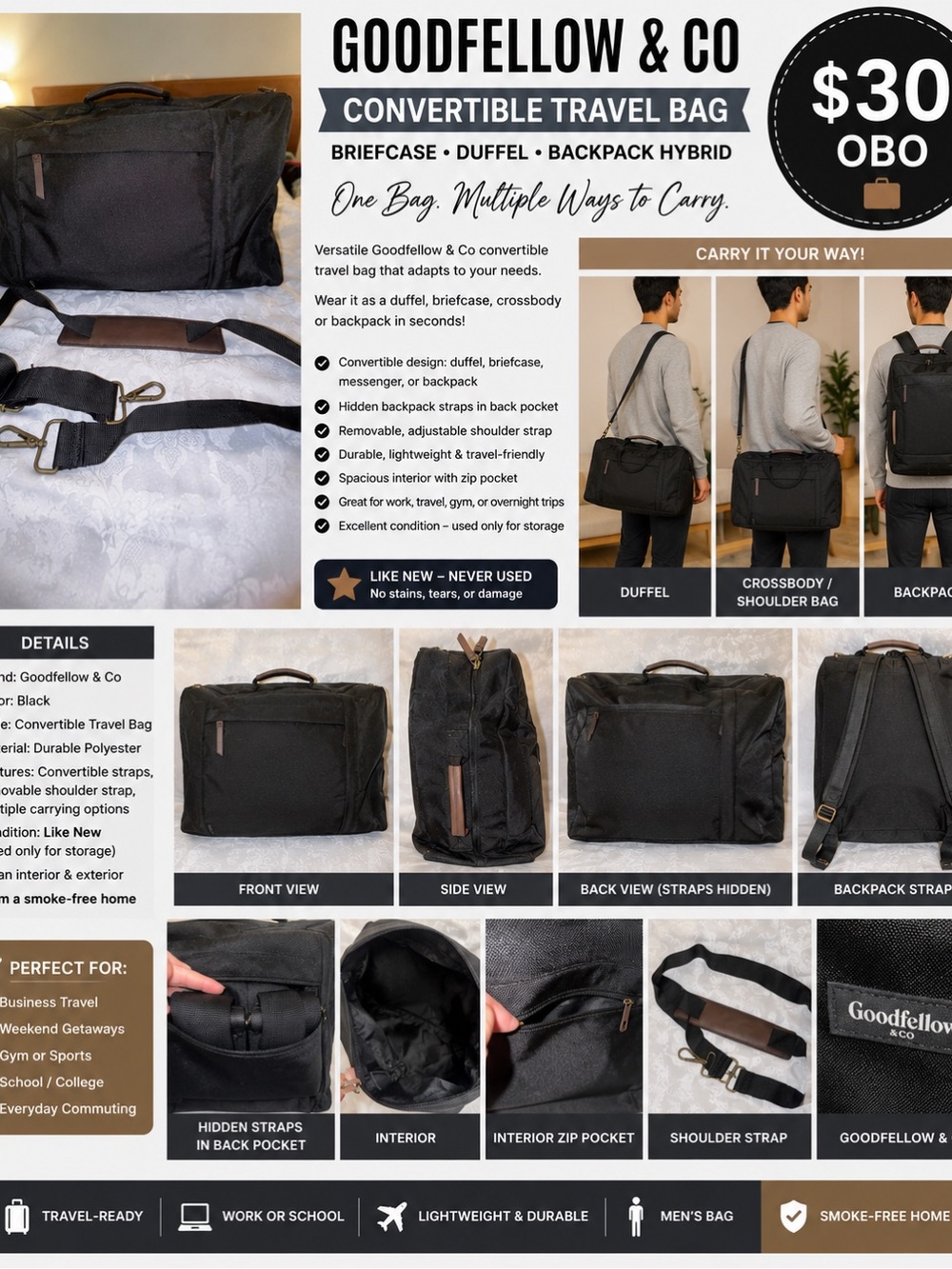 Goodfellow & Co Black Convertible Travel Duffel Bag
